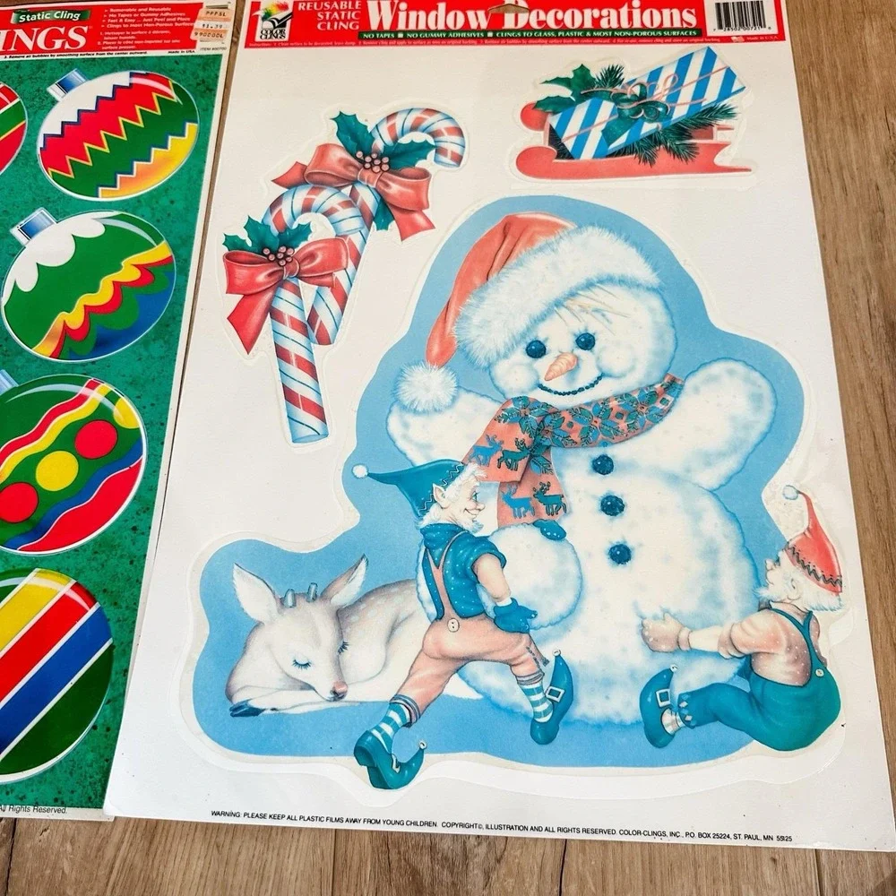 VTG 90's (2) Christmas Window Clings‎ Decals Snowman Elves Deer Ornaments